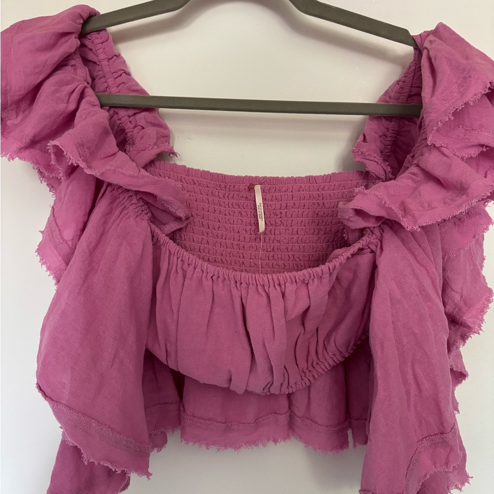 New - Free People Ruffled Crop Off-the-shoulder Sleeve Pink Top - Small